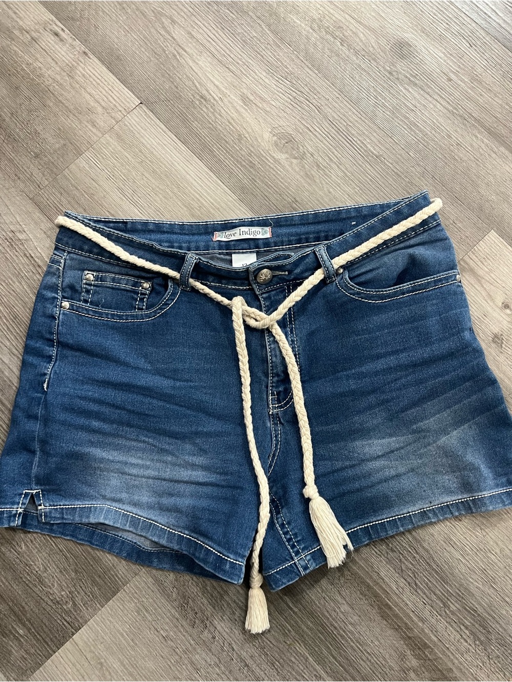 Love Indigo Dark Blue Denim Shorts with Braided Cream Rope Belt